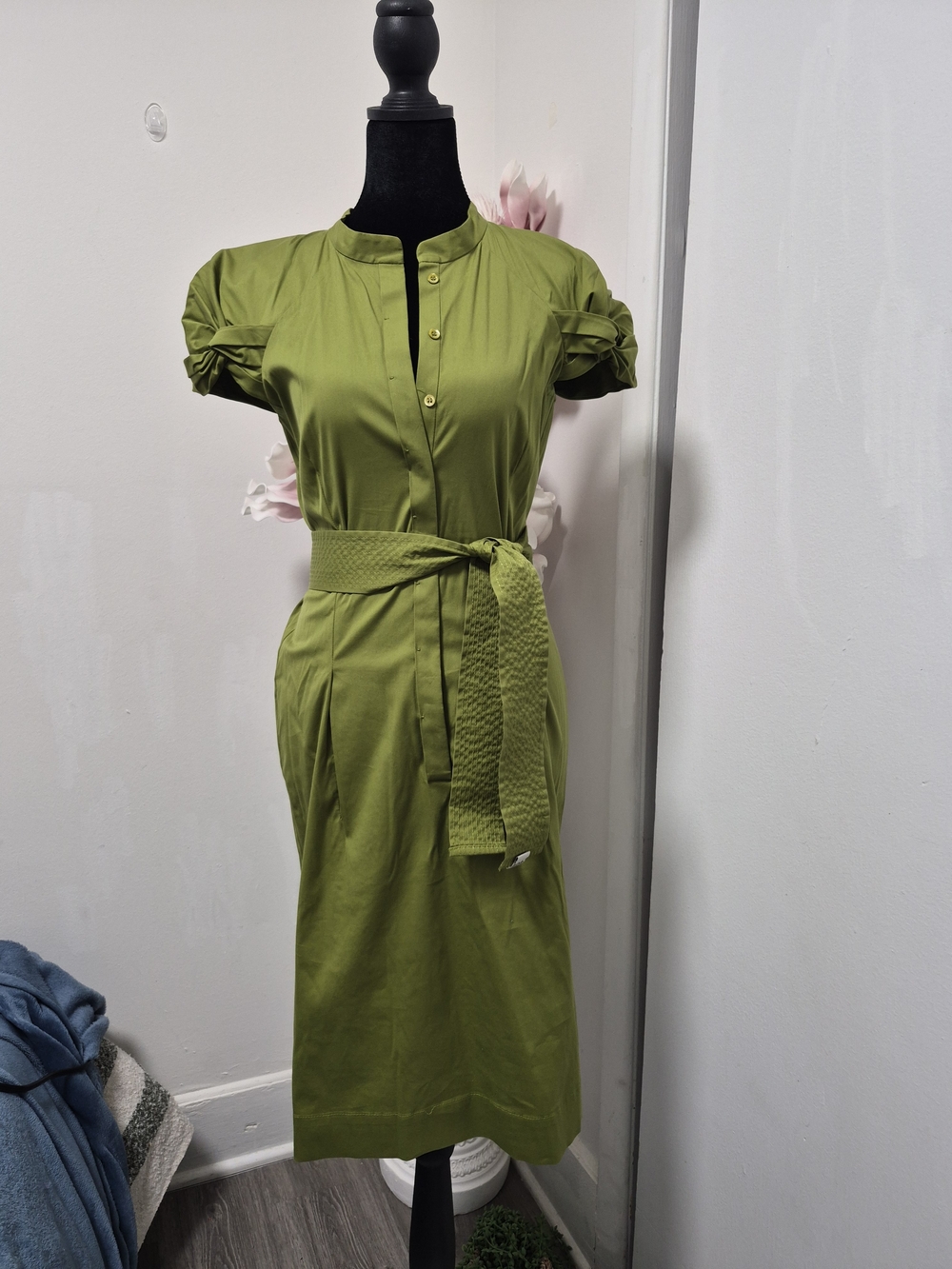 Hugo Boss Olive-Green Button Front Belted Midi Dress